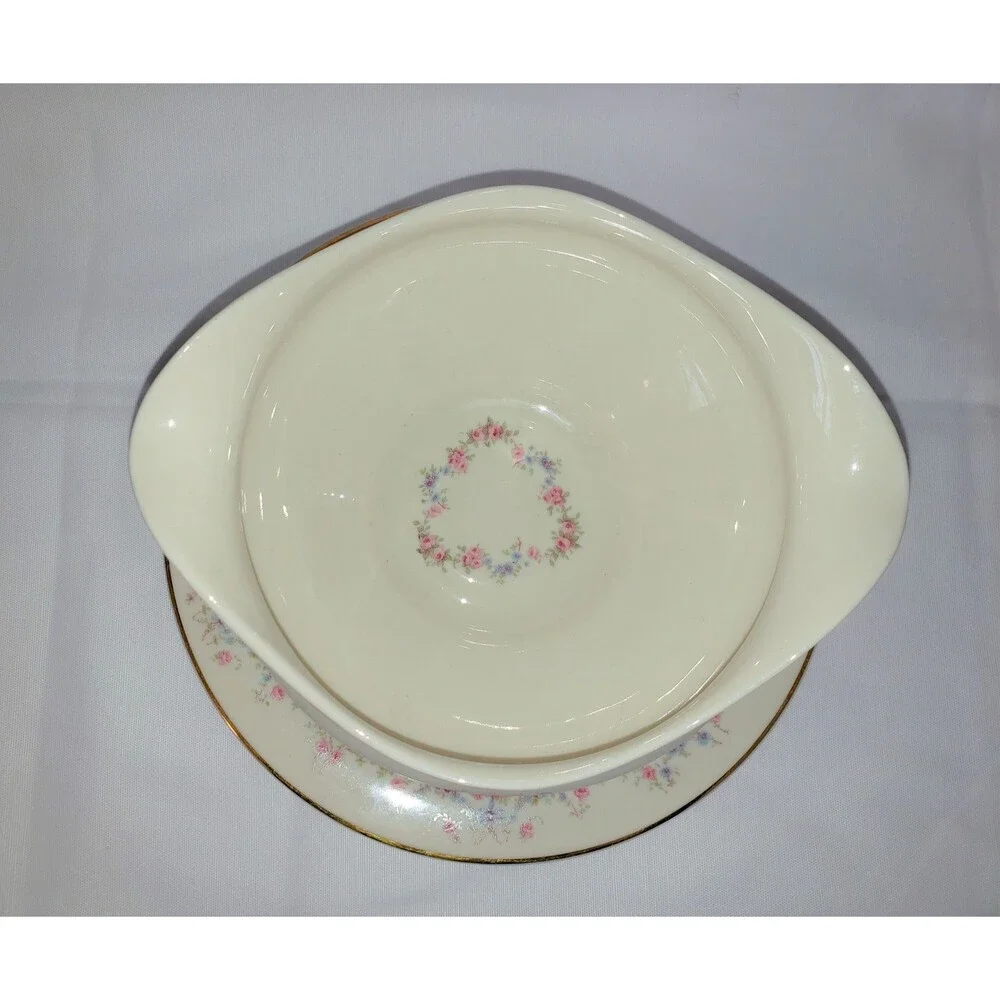 VTG Old Ivory Gravy Boat Attached Underplate Arcadia Pattern Syracuse China '50s